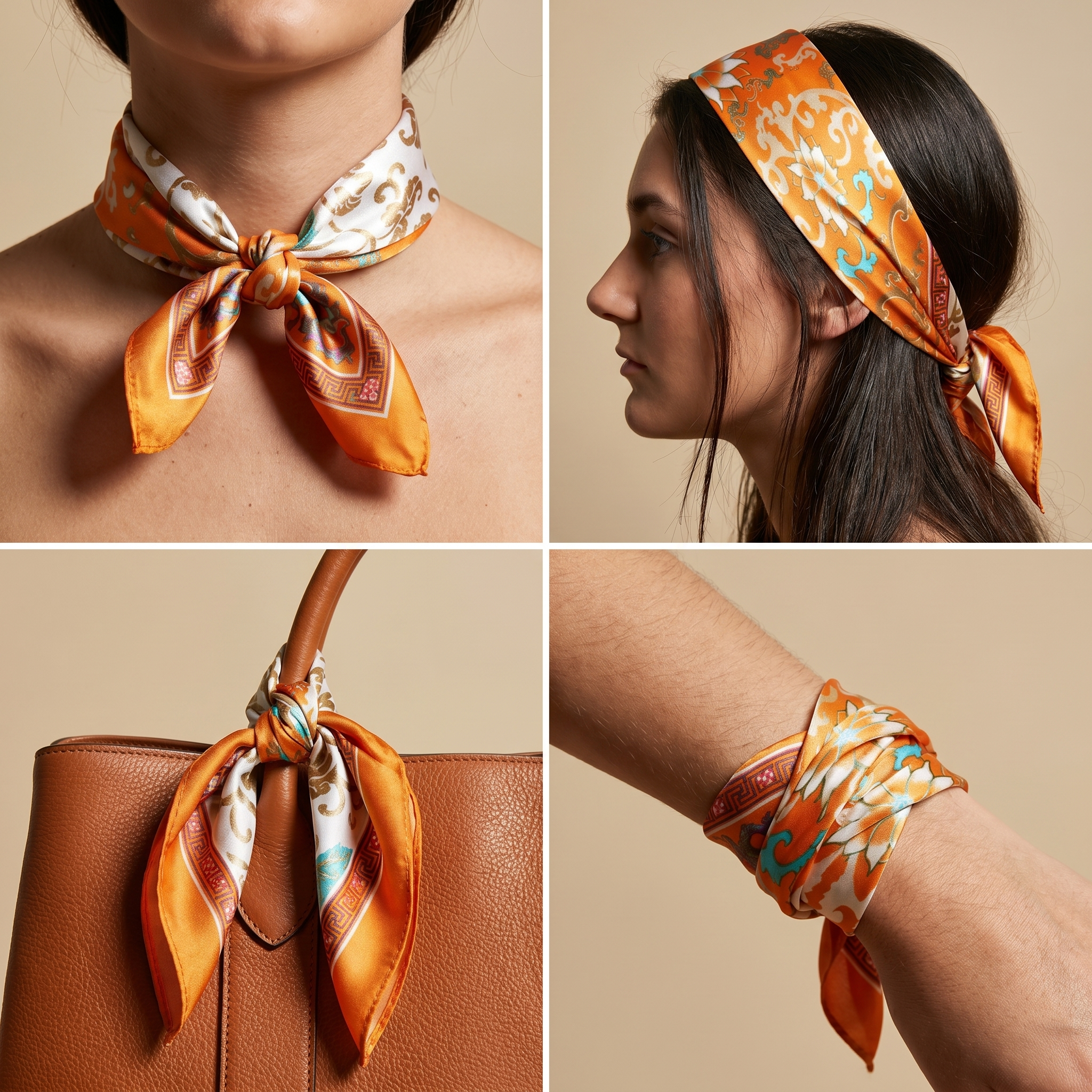 Seidenschal Damen 70×70 cm Paisley Orange – Schal-Welt Trageweise