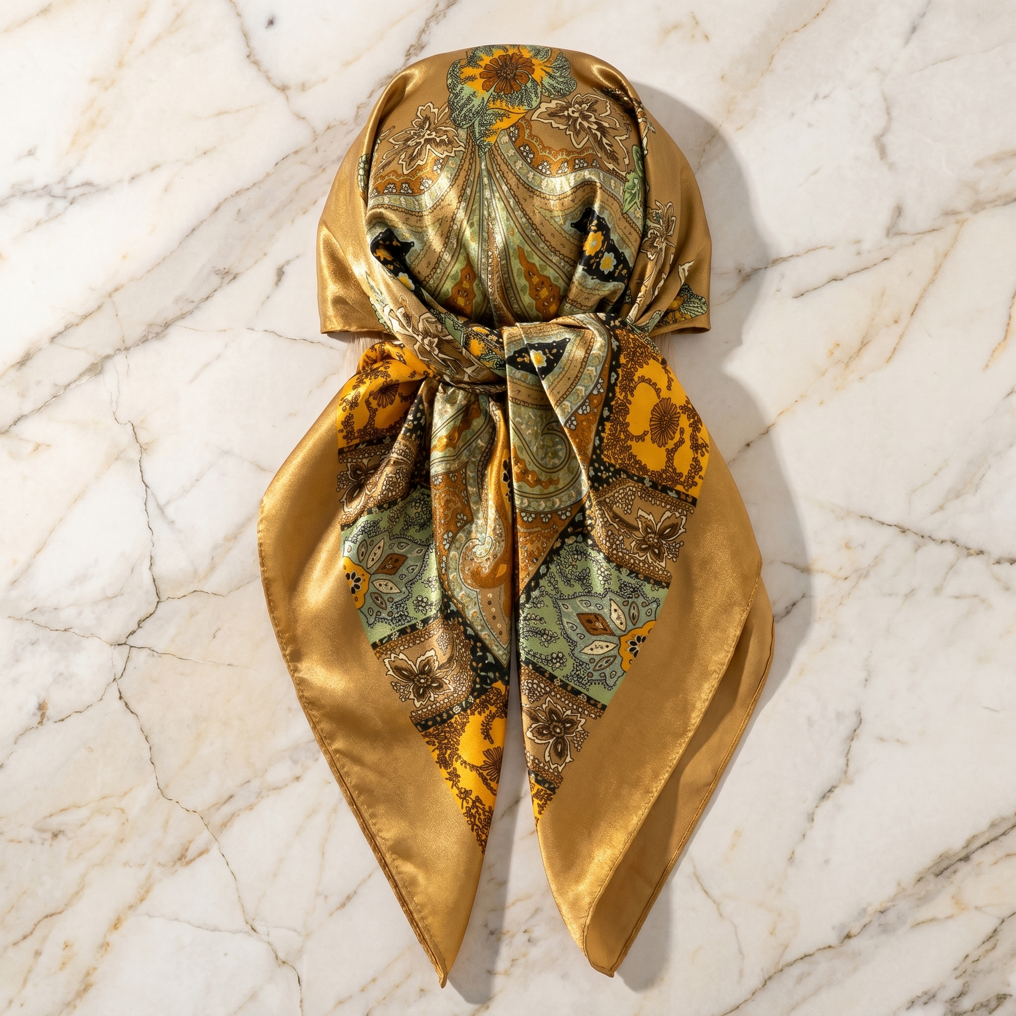Seidenschal Damen 70×70 cm Paisley Gold – Schal-Welt Detailansicht