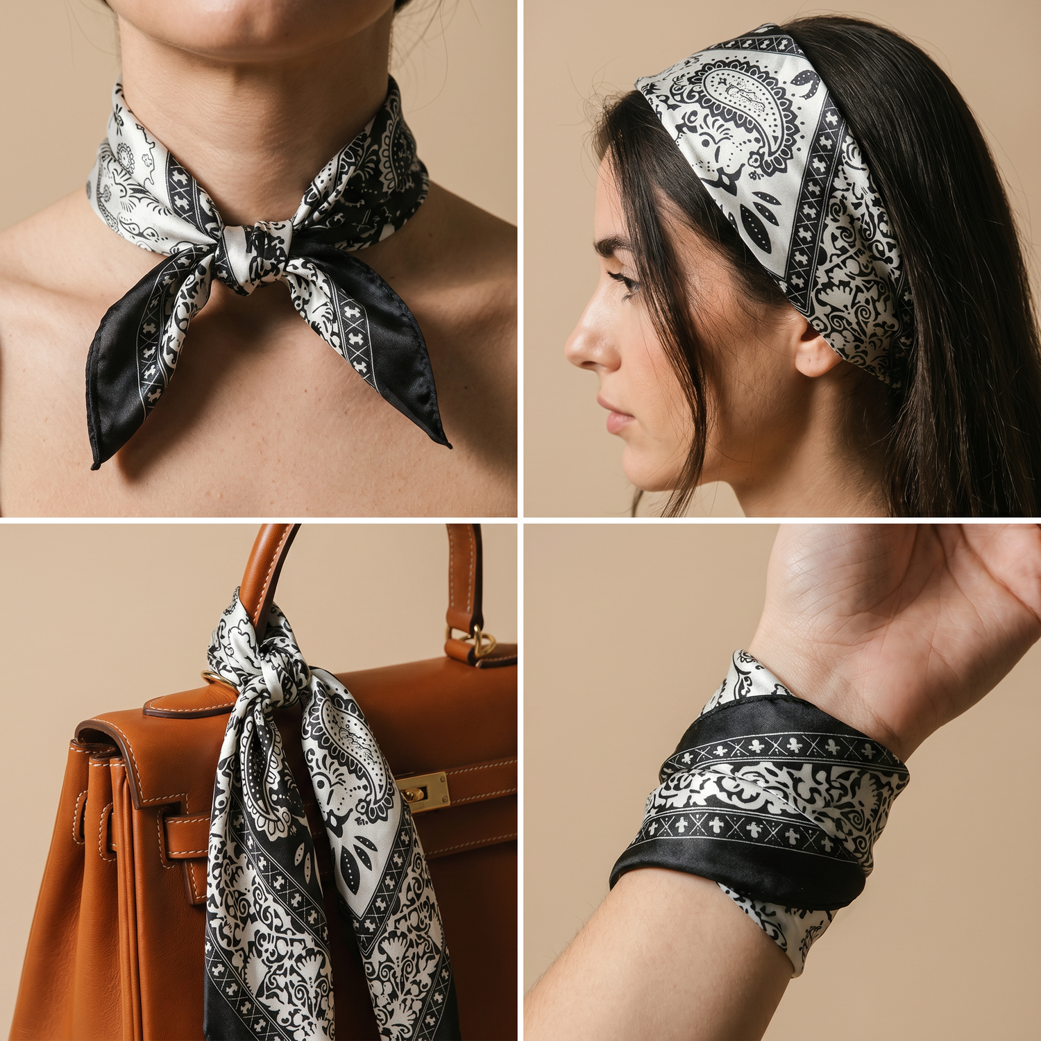 Seidenschal Damen 70×70 cm Paisley Schwarz – Schal-Welt Trageweise