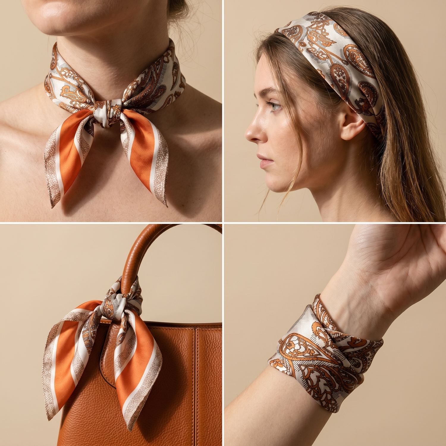 Seidenschal Damen 70×70 cm Paisley Orange – Schal-Welt Trageweise