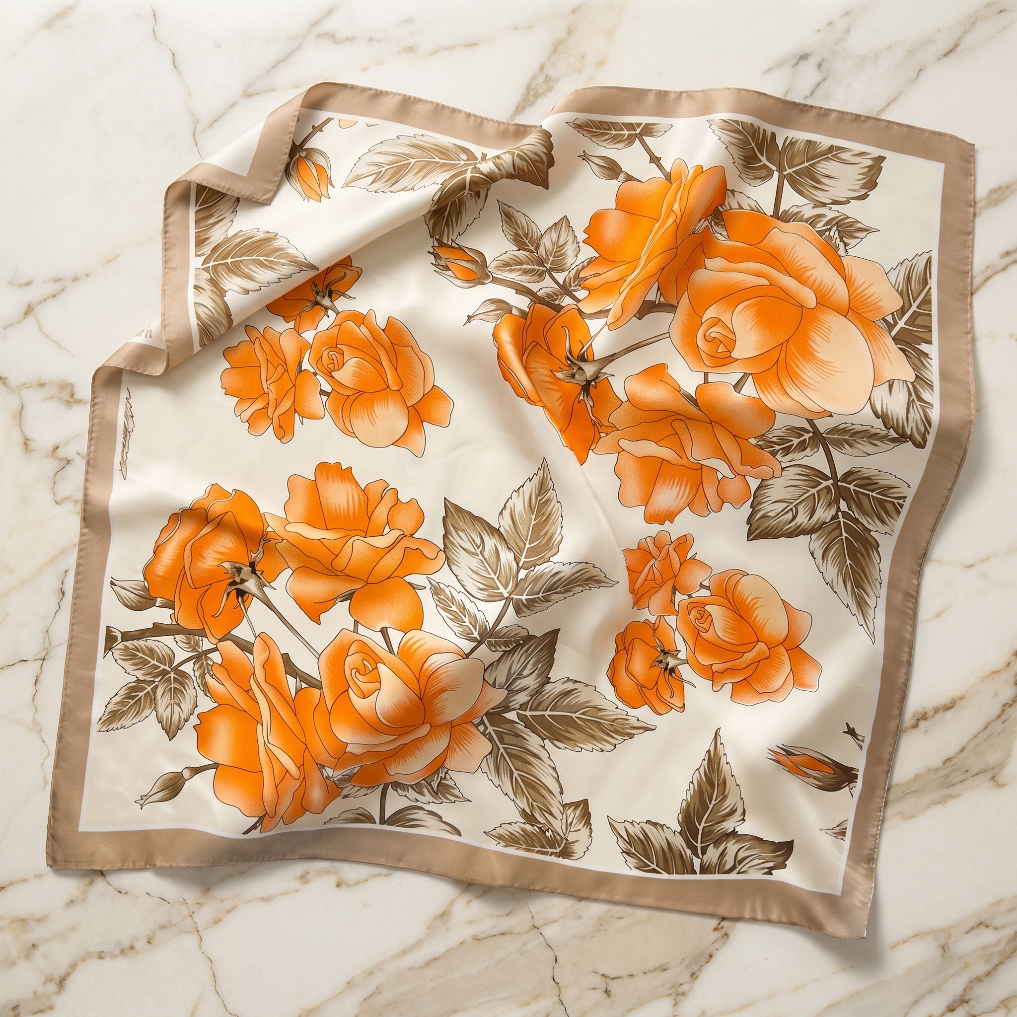 Seidenschal Damen 70×70 cm Blumen Orange – Schal-Welt Detailansicht