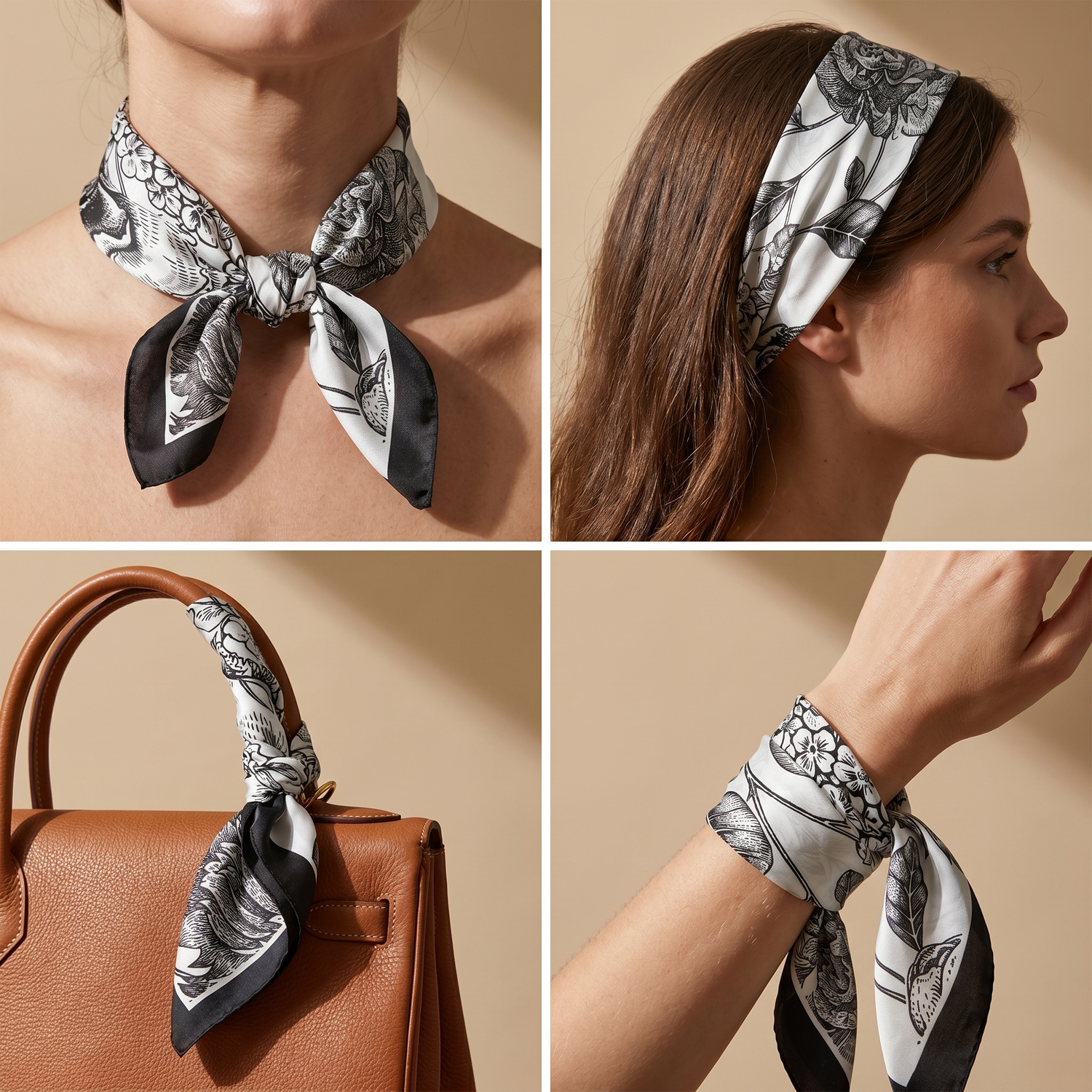 Seidenschal Damen 70×70 cm Blumen Schwarz – Schal-Welt Trageweise