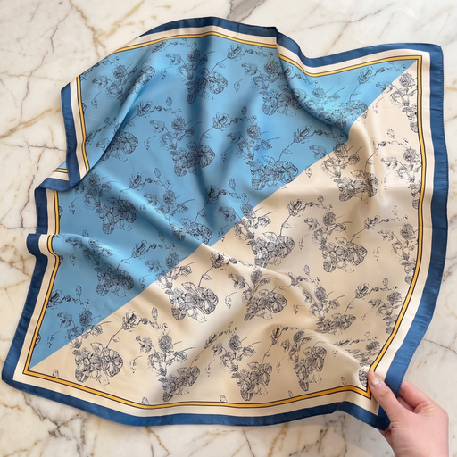 Seidenschal Damen 70×70 cm Blumen Blau – Schal-Welt Detailansicht