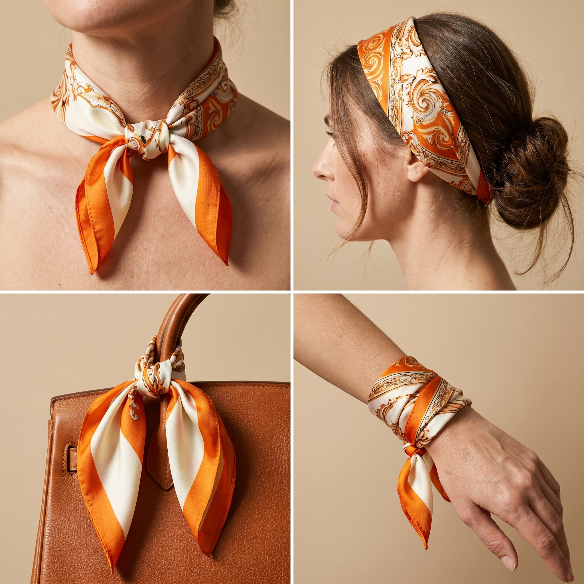 Seidenschal Damen 70×70 cm Paisley Orange – Schal-Welt Trageweise
