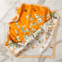 Seidenschal Damen 70×70 cm Blumen Orange – Schal-Welt Detailansicht
