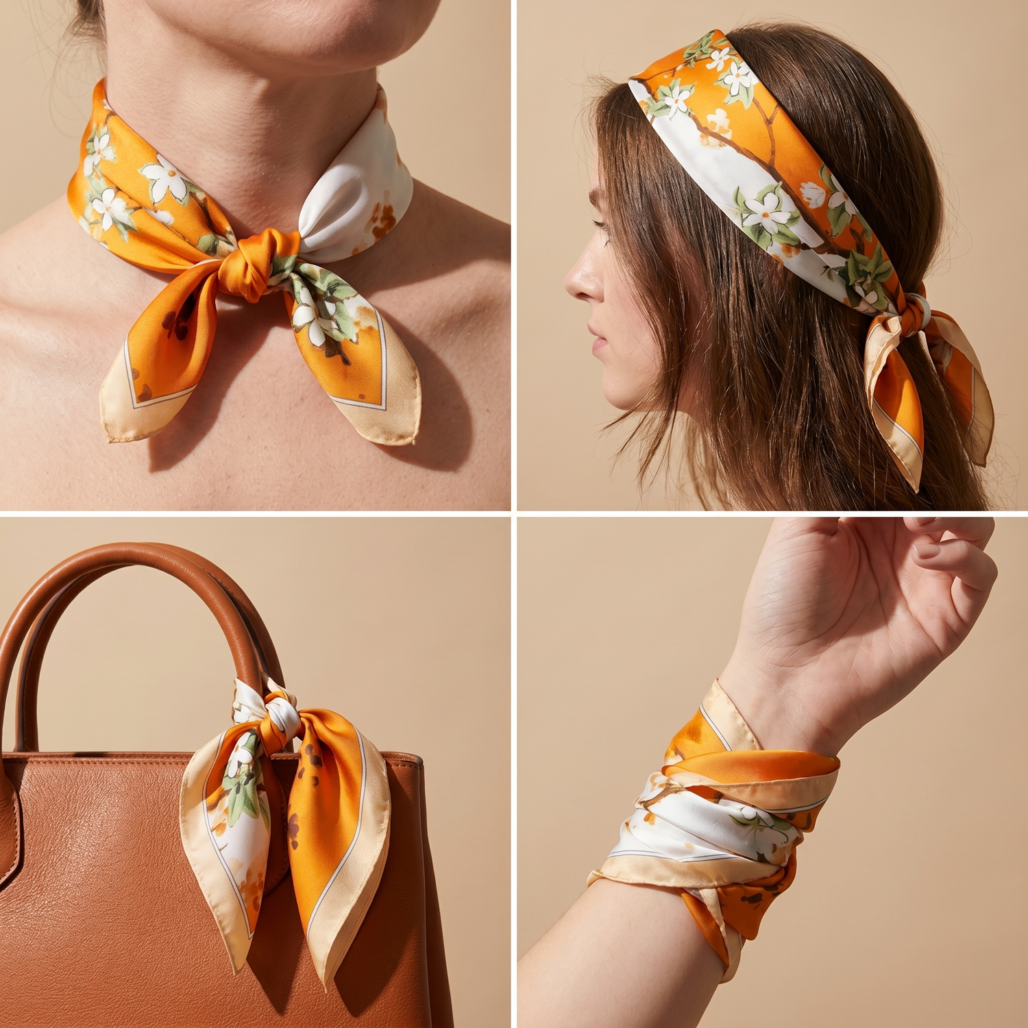 Seidenschal Damen 70×70 cm Blumen Orange – Schal-Welt Trageweise