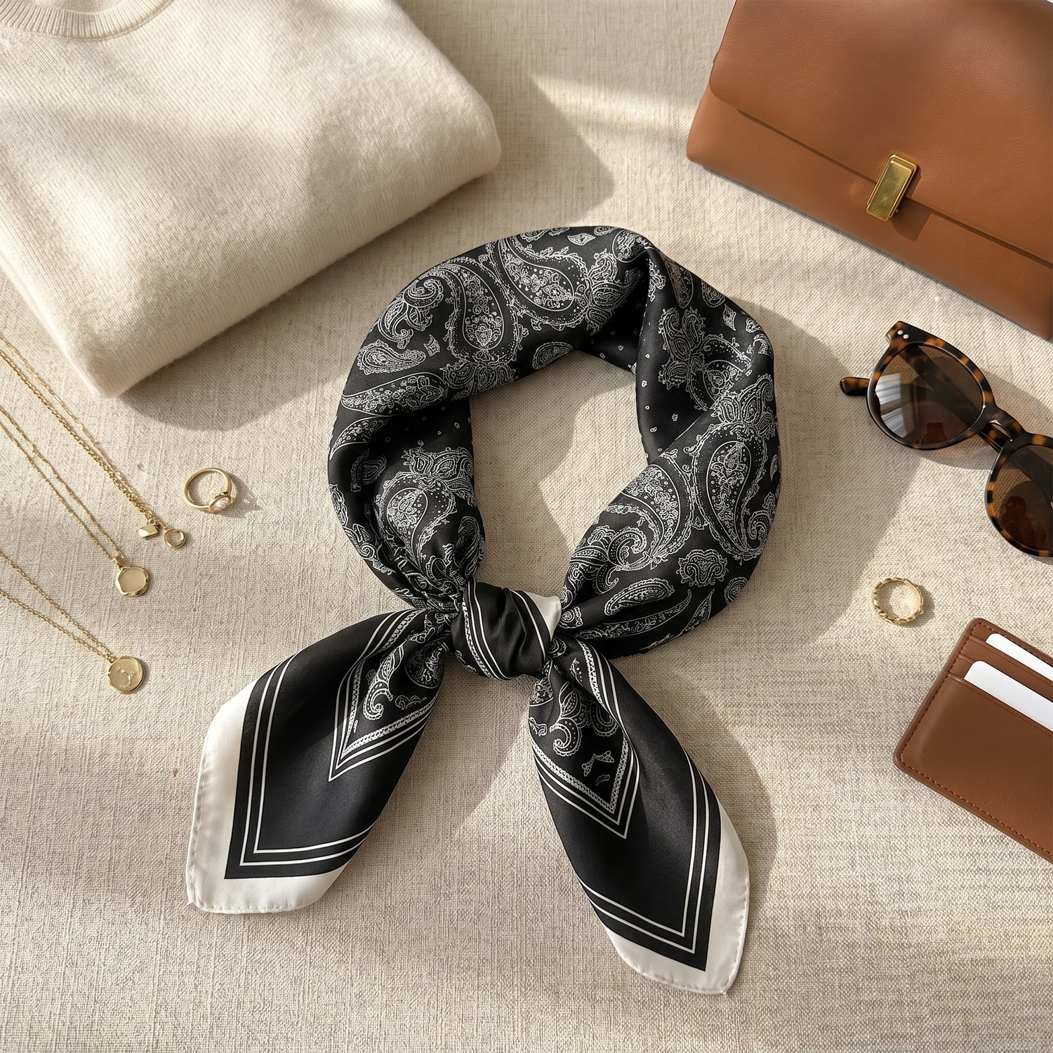 Seidenschal Damen 70×70 cm Paisley Schwarz – Schal-Welt Styling-Inspiration