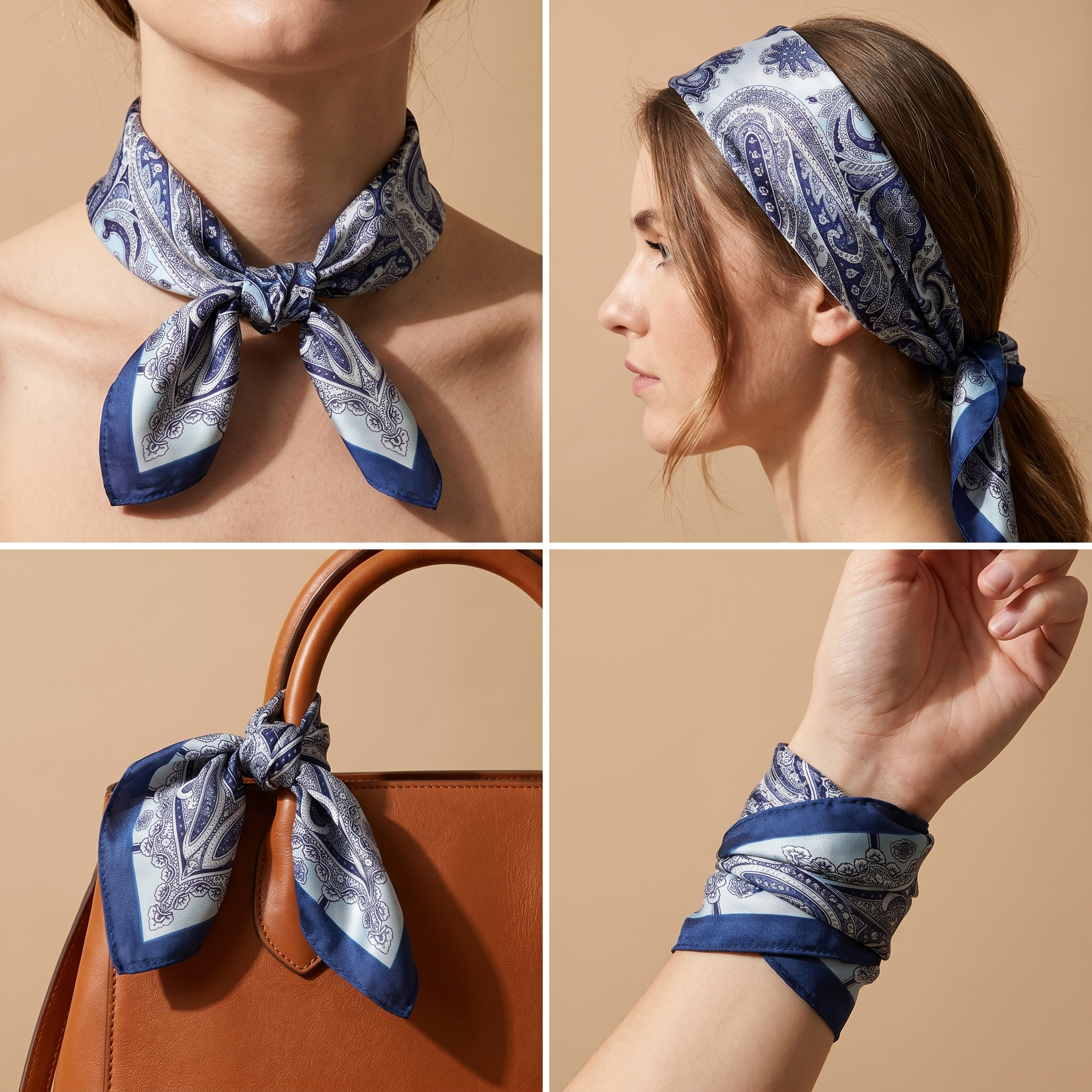 Seidenschal Damen 70×70 cm Paisley Blau – Schal-Welt Trageweise