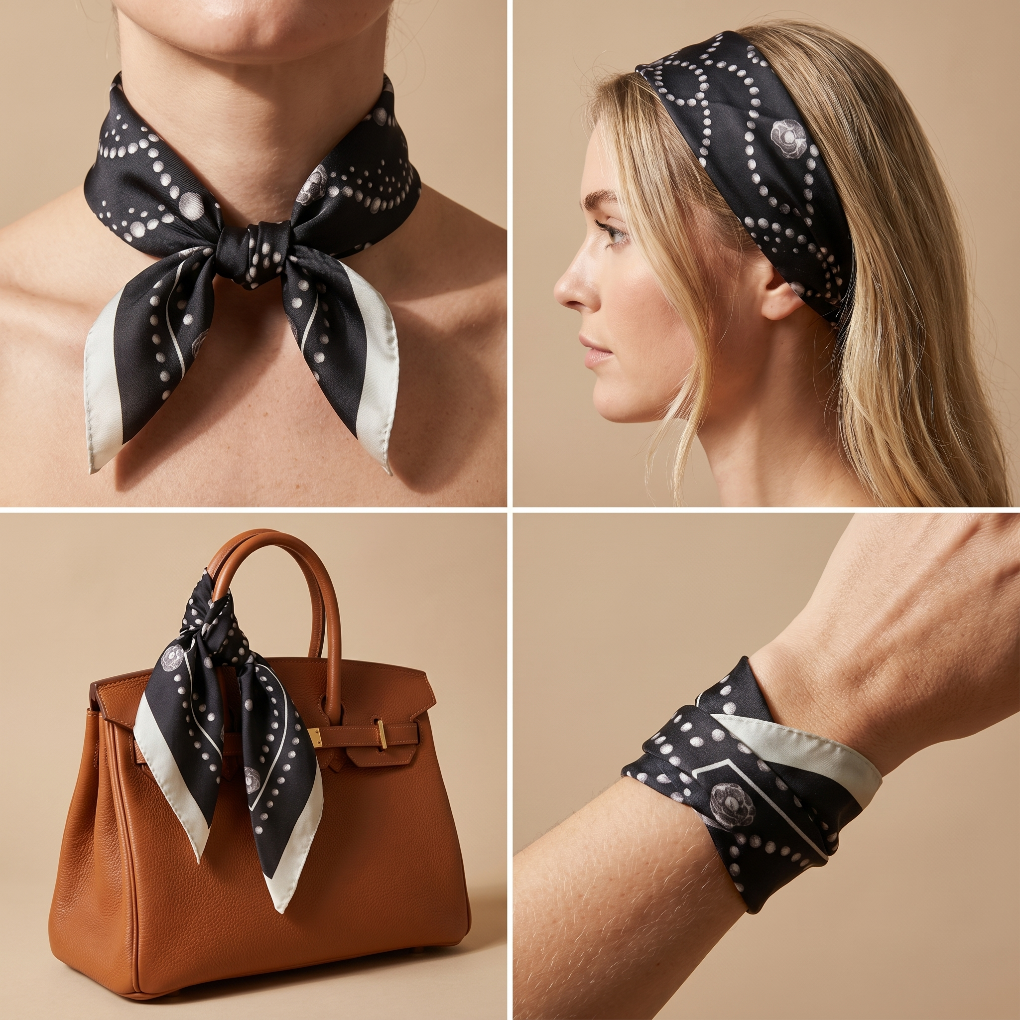 Seidenschal Damen 70×70 cm Klassisch Schwarz – Schal-Welt Trageweise