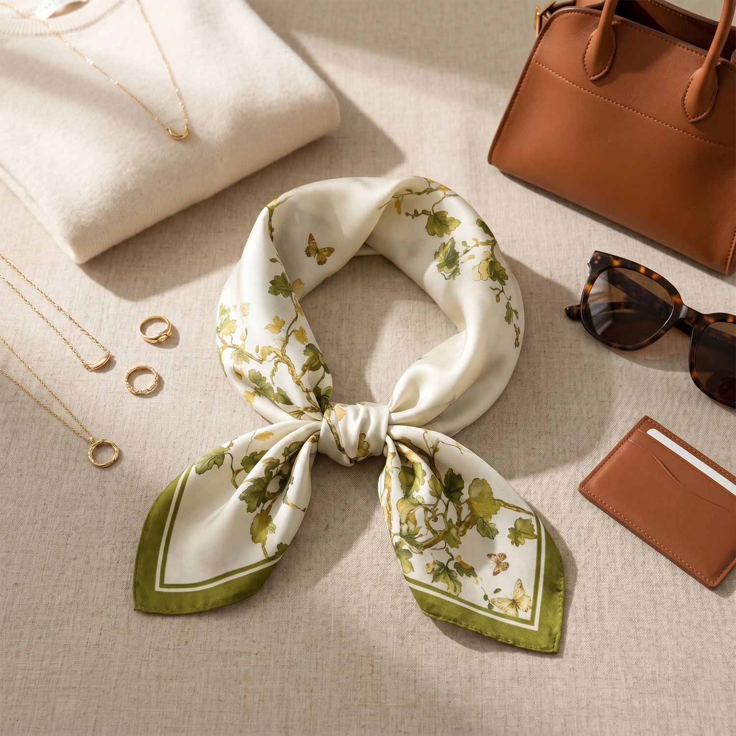 Seidenschal Damen 70×70 cm Blumen Beige – Schal-Welt Styling-Inspiration