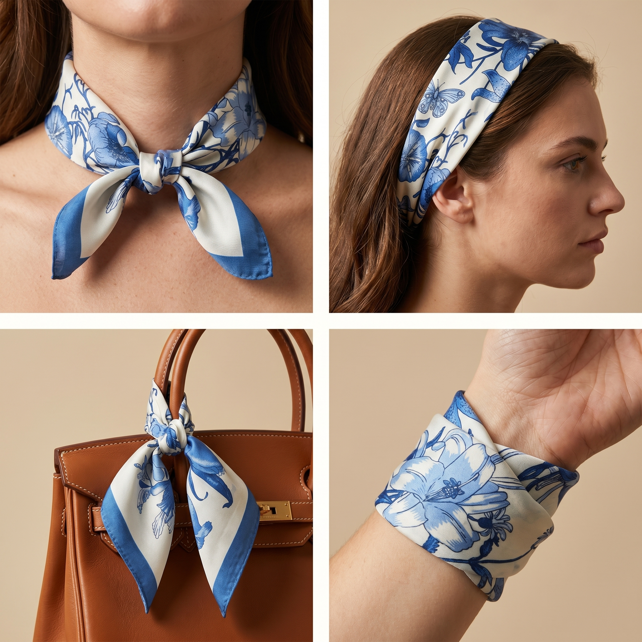 Seidenschal Damen 70×70 cm Blumen Blau – Schal-Welt Trageweise