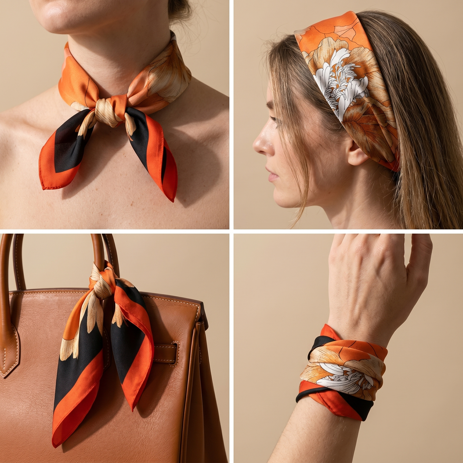Seidenschal Damen 70×70 cm Blumen Orange – Schal-Welt Trageweise