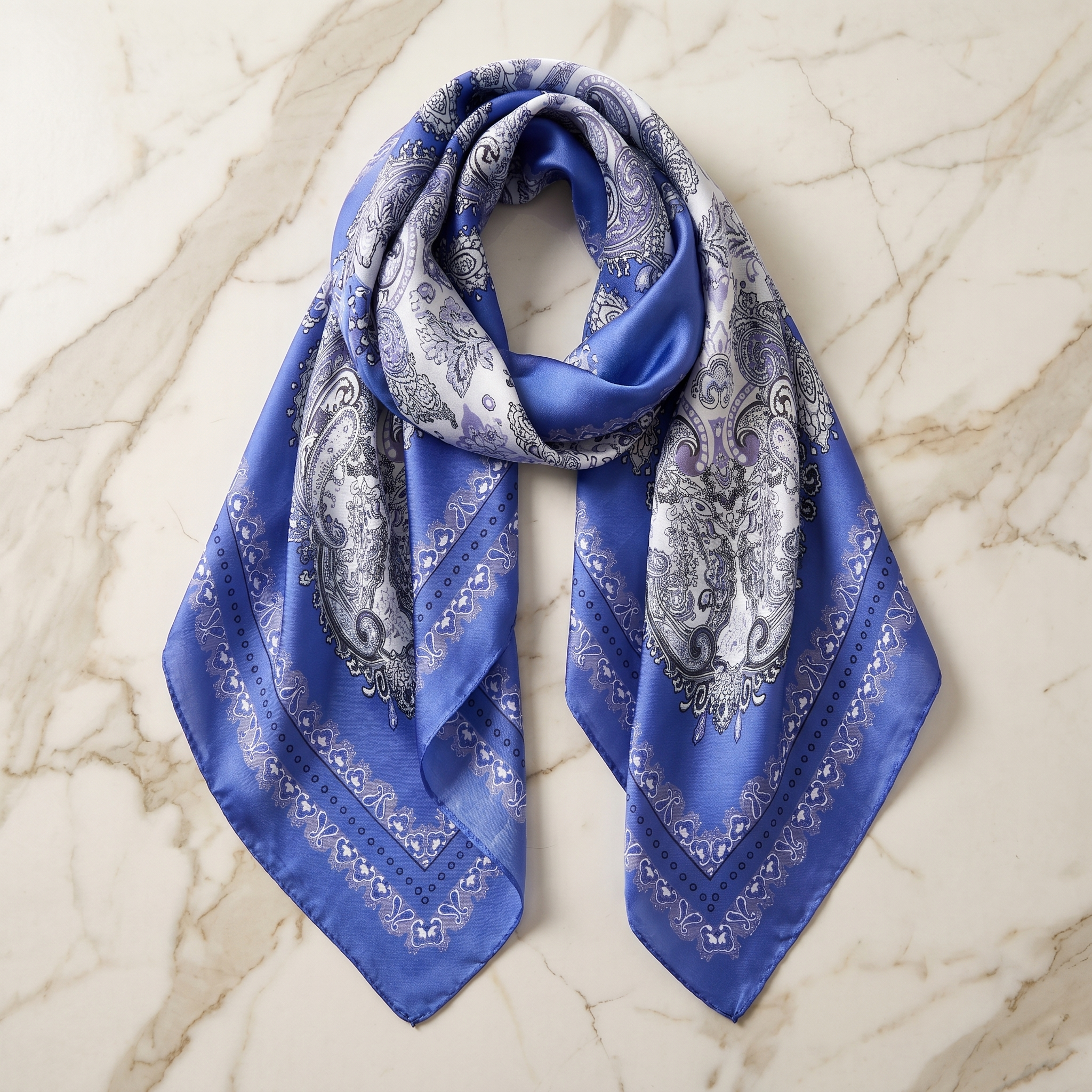 Seidenschal Damen 70×70 cm Paisley Blau – Schal-Welt Detailansicht