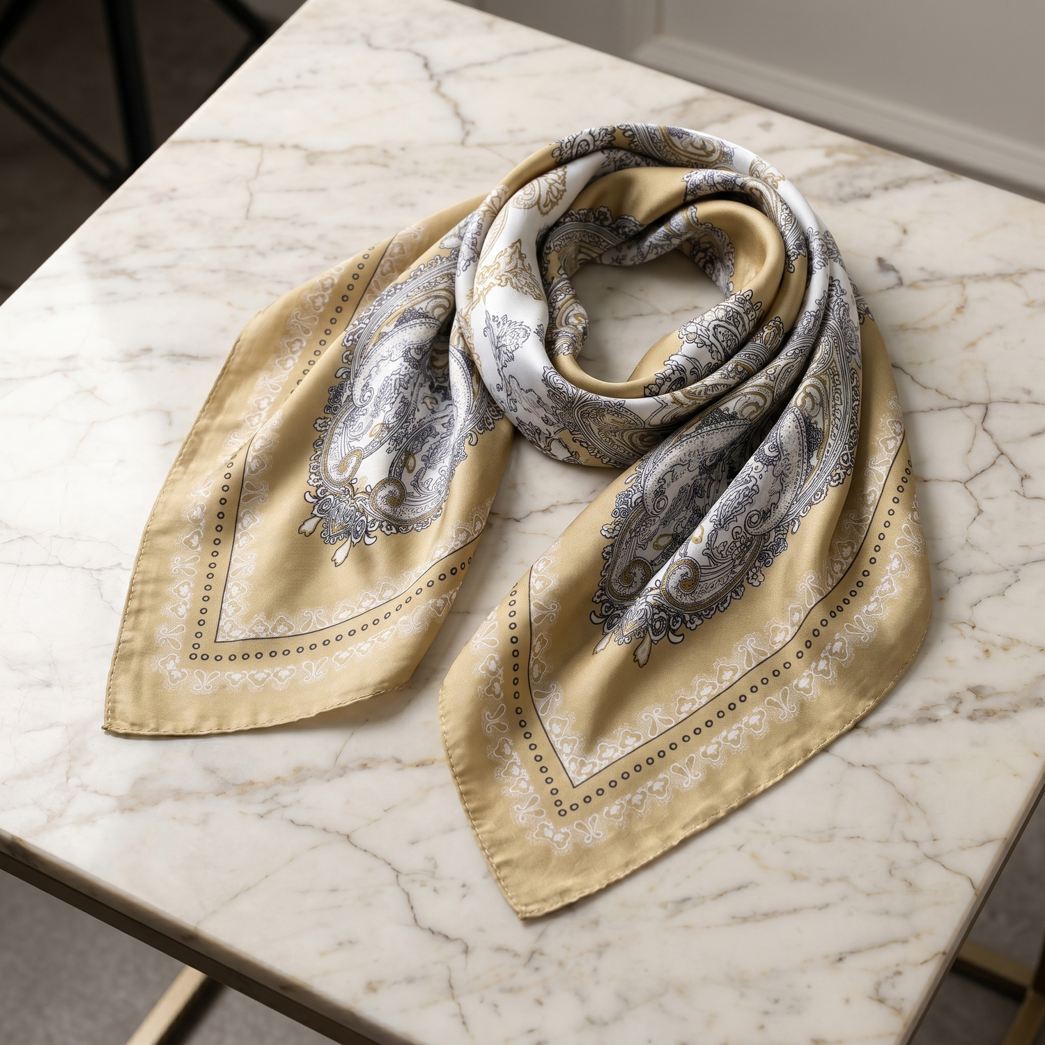 Seidenschal Damen 70×70 cm Paisley Beige – Schal-Welt Detailansicht
