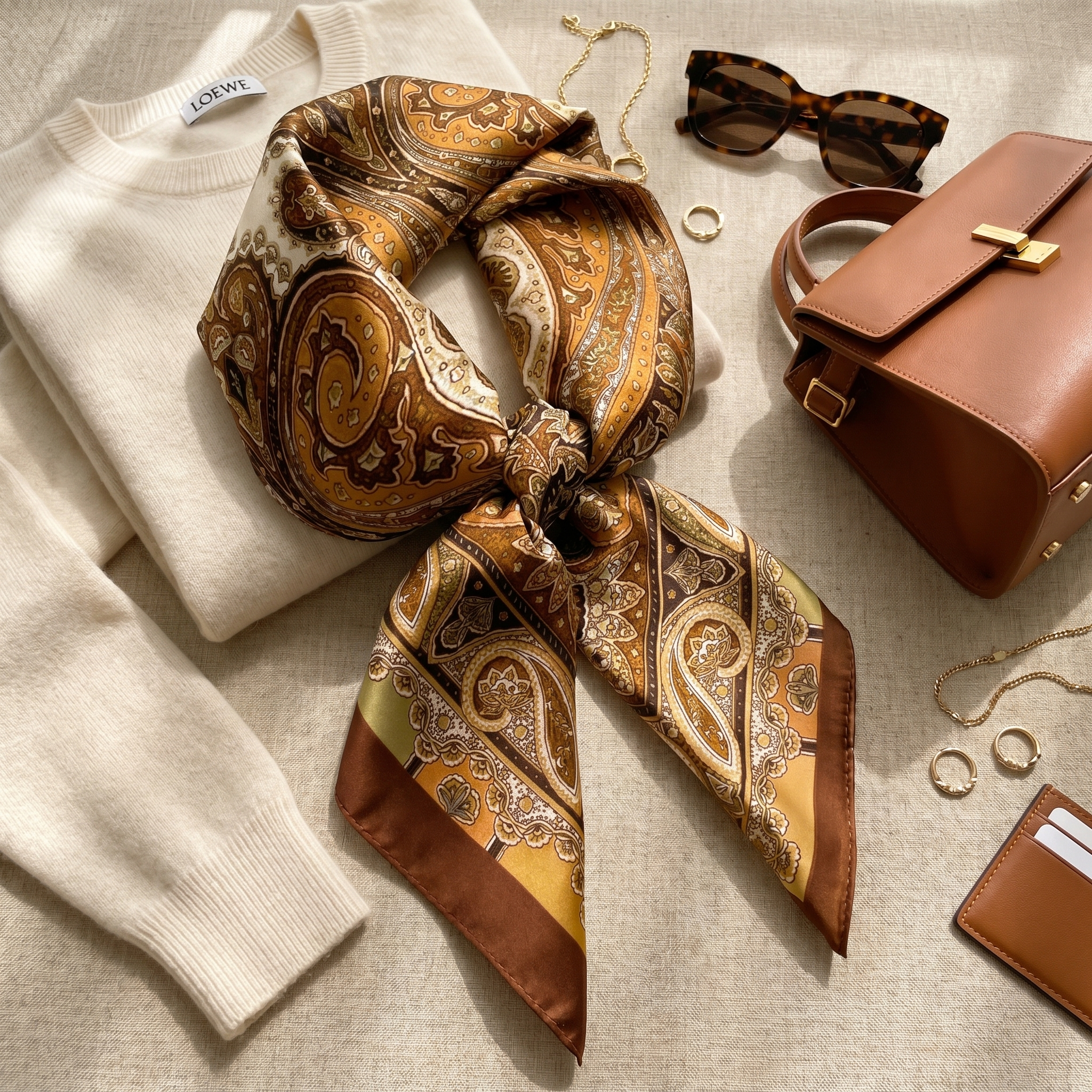 Seidenschal Damen 70×70 cm Paisley Gold – Schal-Welt Styling-Inspiration