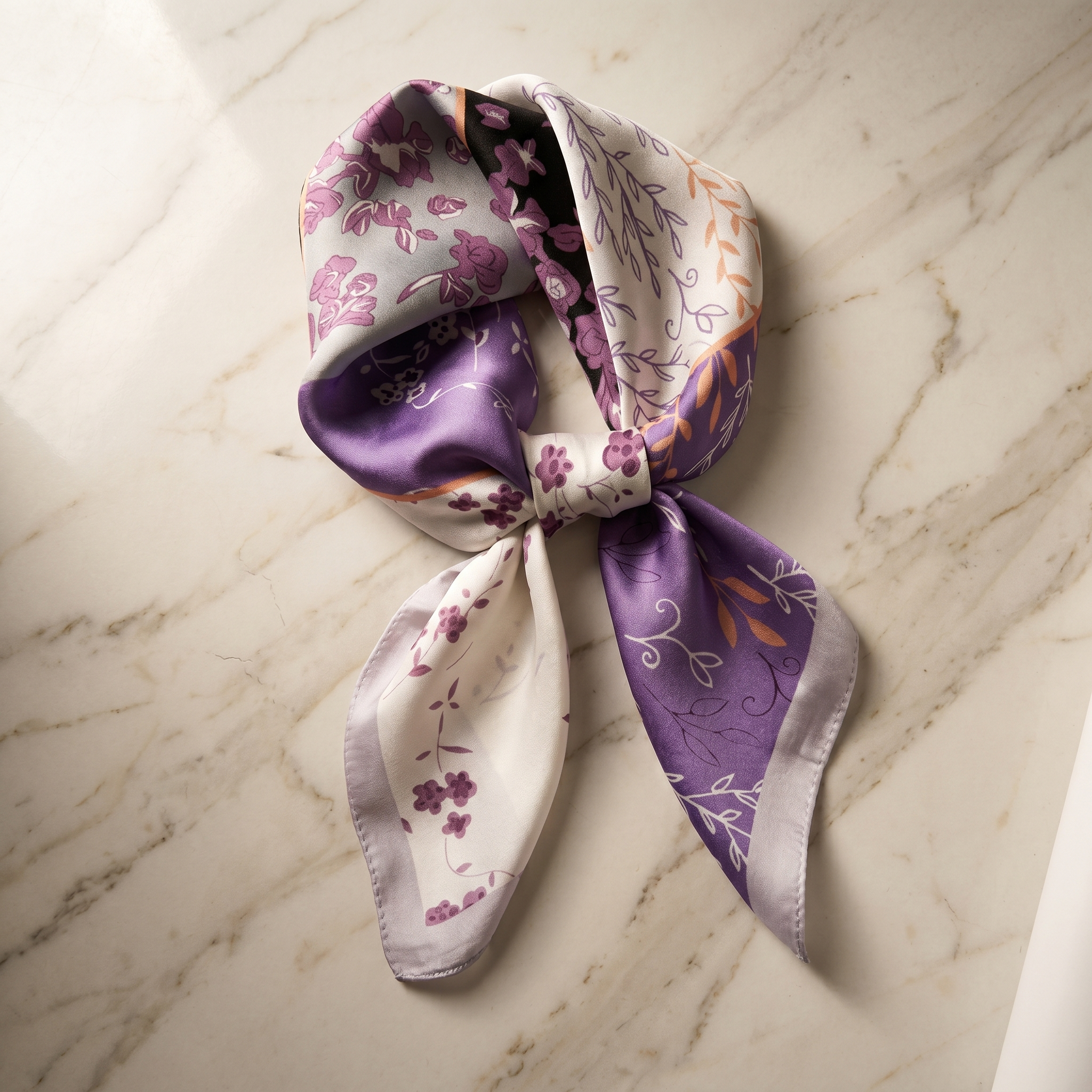 Seidenschal Damen 70×70 cm Blumen Lila – Schal-Welt Detailansicht