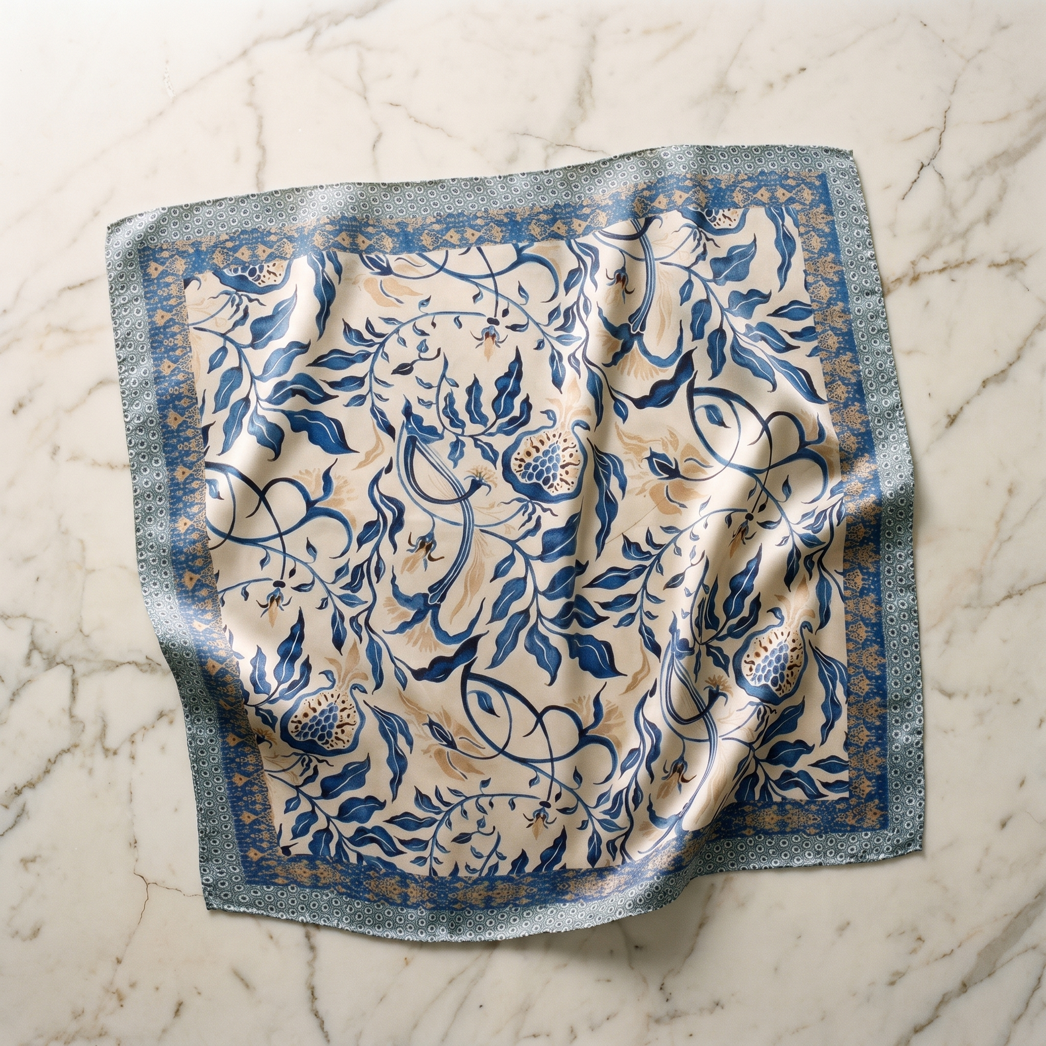 Seidenschal Damen 70×70 cm Blumen Blau – Schal-Welt Detailansicht