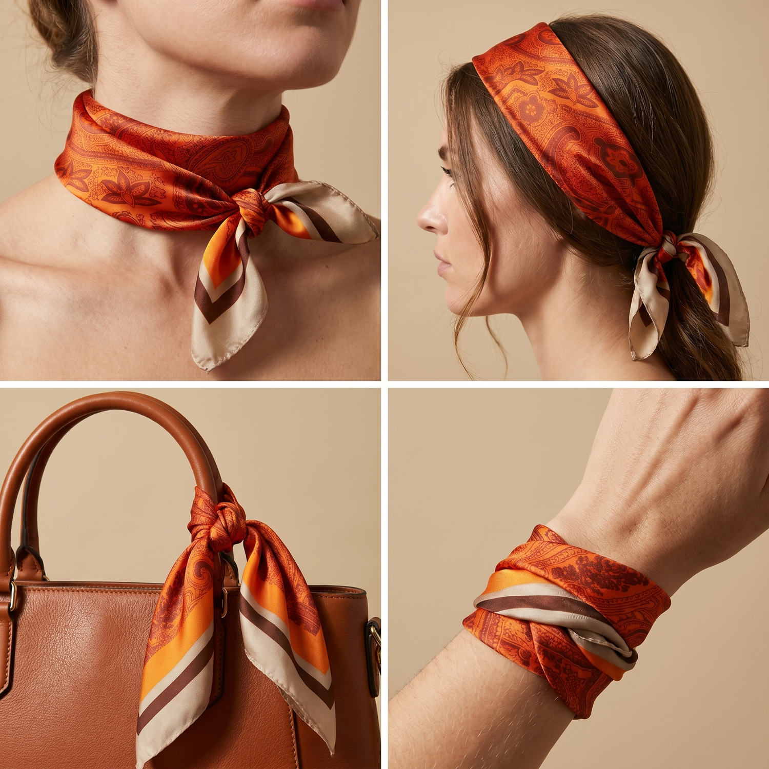 Seidenschal Damen 70×70 cm Paisley Orange – Schal-Welt Trageweise