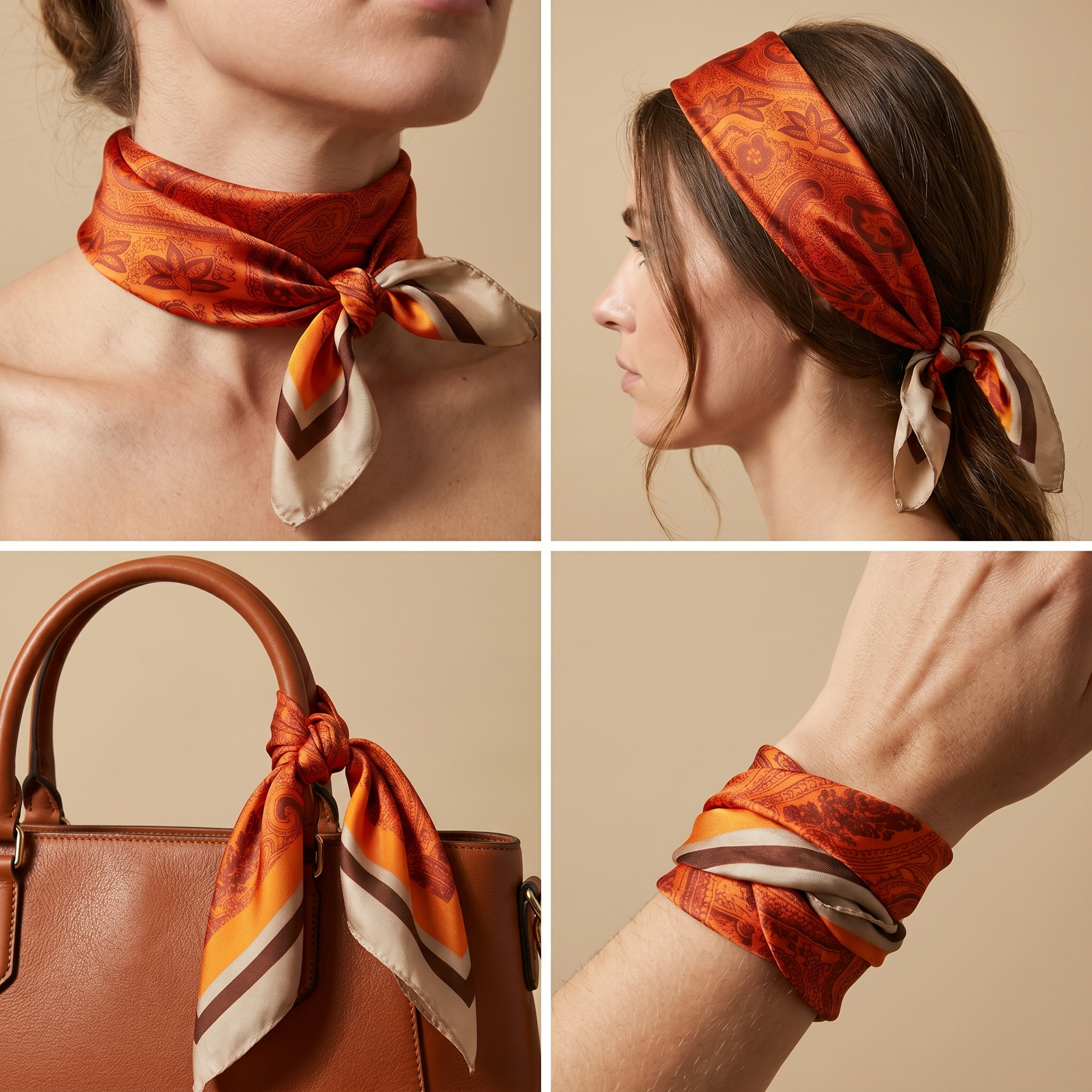 Seidenschal Damen 70×70 cm Paisley Orange – Schal-Welt Trageweise
