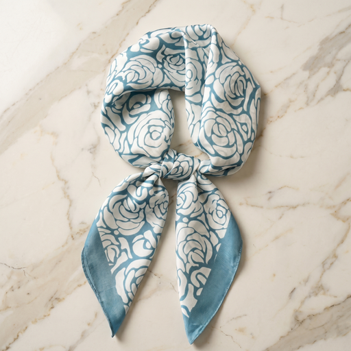 Seidenschal Damen 70×70 cm Blumen Blau – Schal-Welt Detailansicht