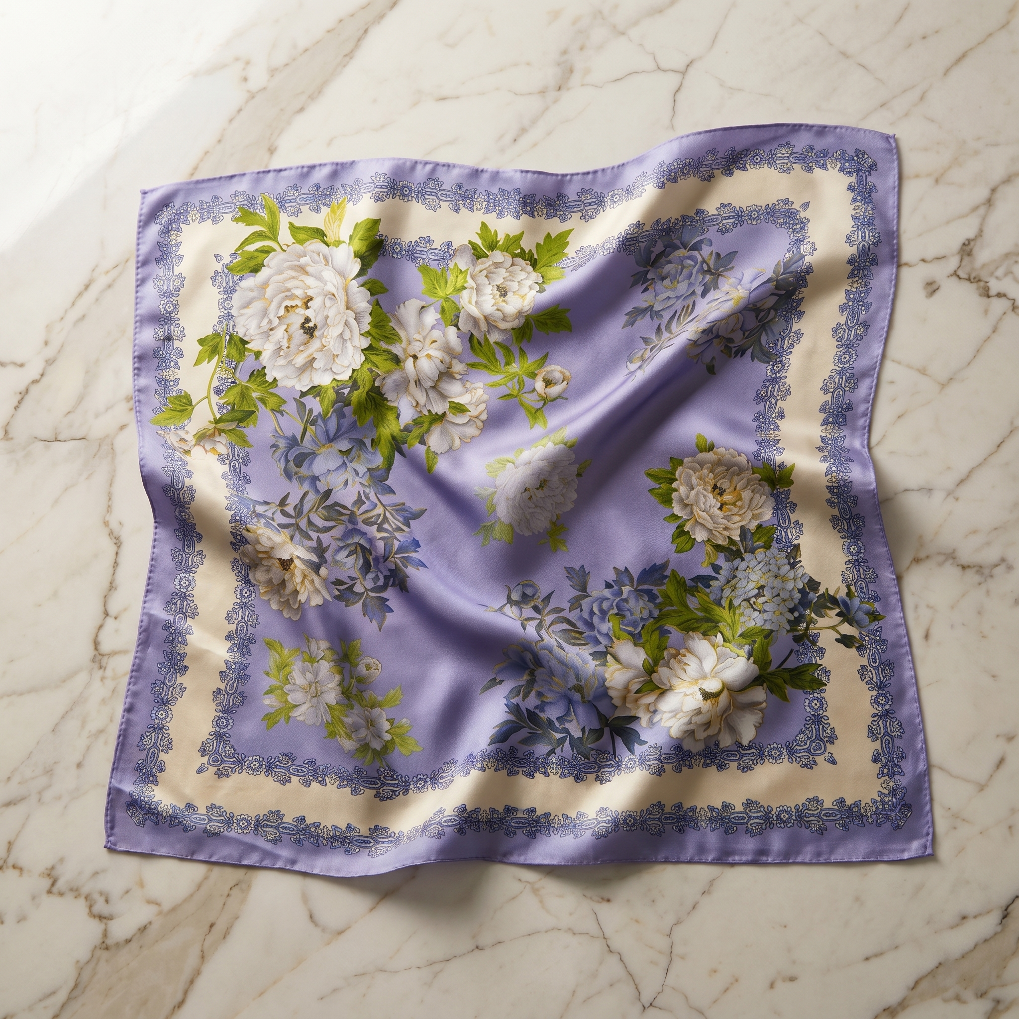 Seidenschal Damen 70×70 cm Blumen Lila – Schal-Welt Detailansicht