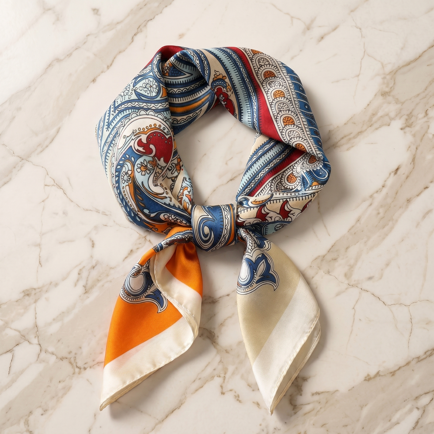 Seidentuch Halstuch Seidenschal Damen 70×70 cm – Weiß Orange Paisley mit Blau und Goldakzenten | Schal-Welt