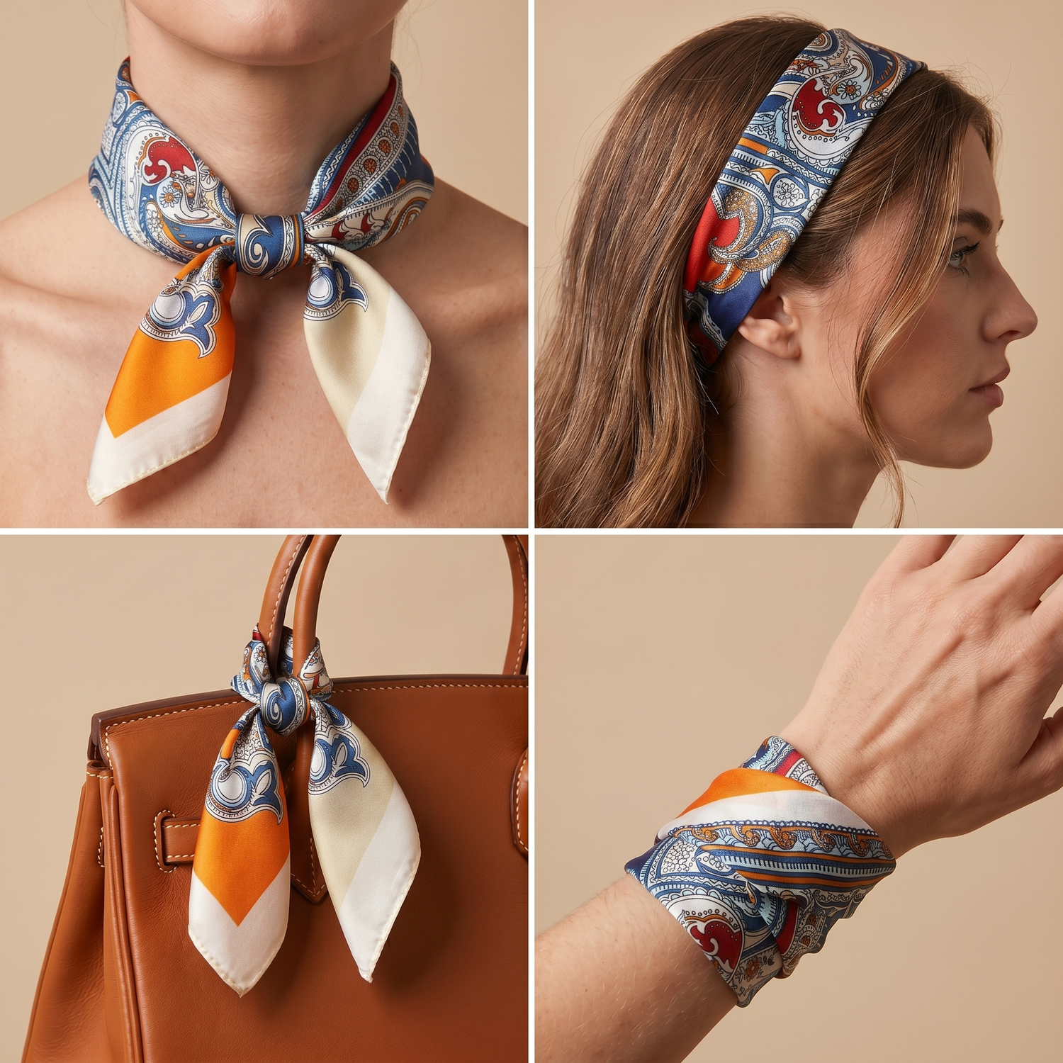 Seidentuch Halstuch Seidenschal Damen 70×70 cm – Weiß Orange Paisley mit Blau und Goldakzenten | Schal-Welt