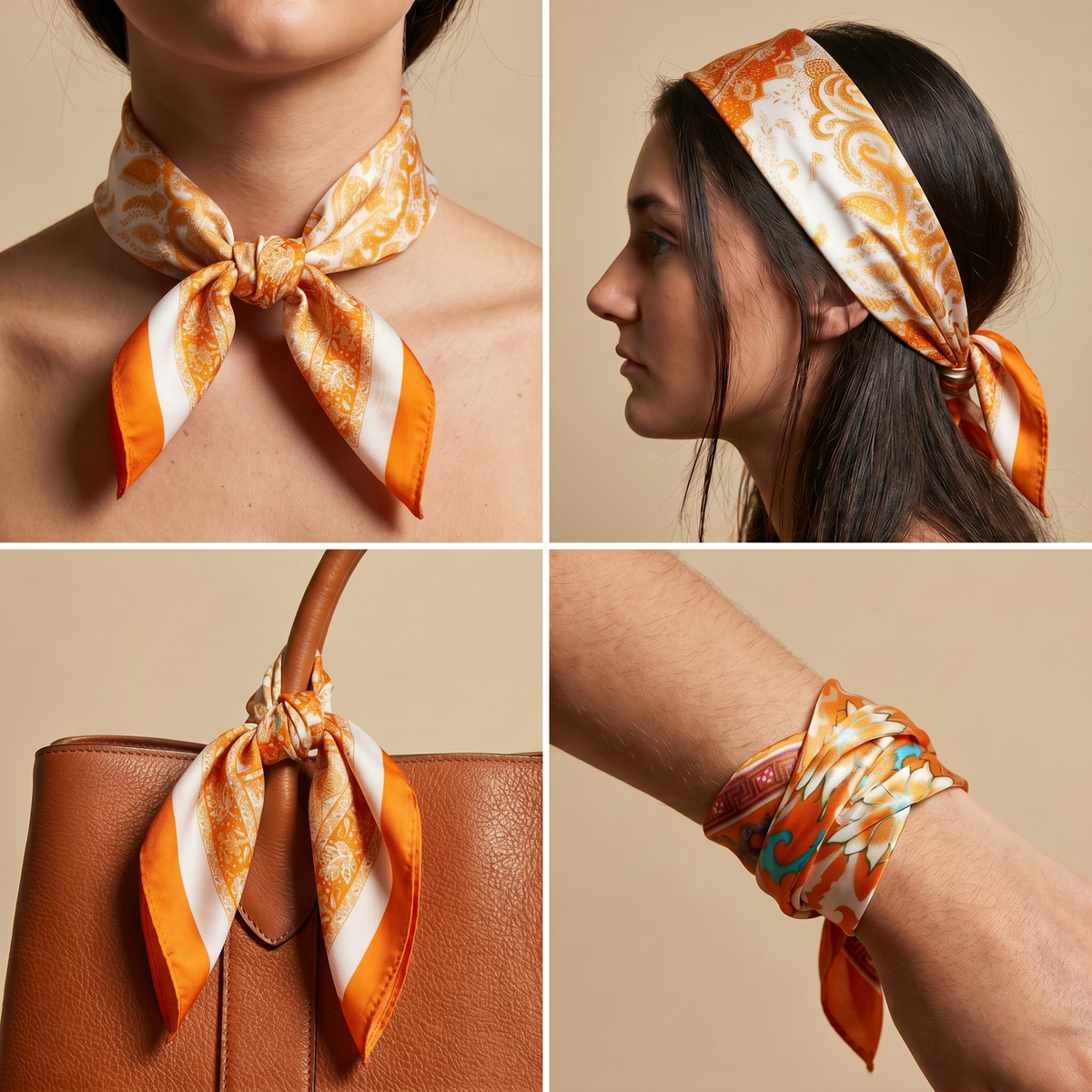 Seidentuch Halstuch Halstücher Damen 70×70 cm Kopftuch Haartuch Nickituch Seidenschal Schals – Orange Gold Klassisch mit Goldakzenten und Ornamenten | Schal-Welt