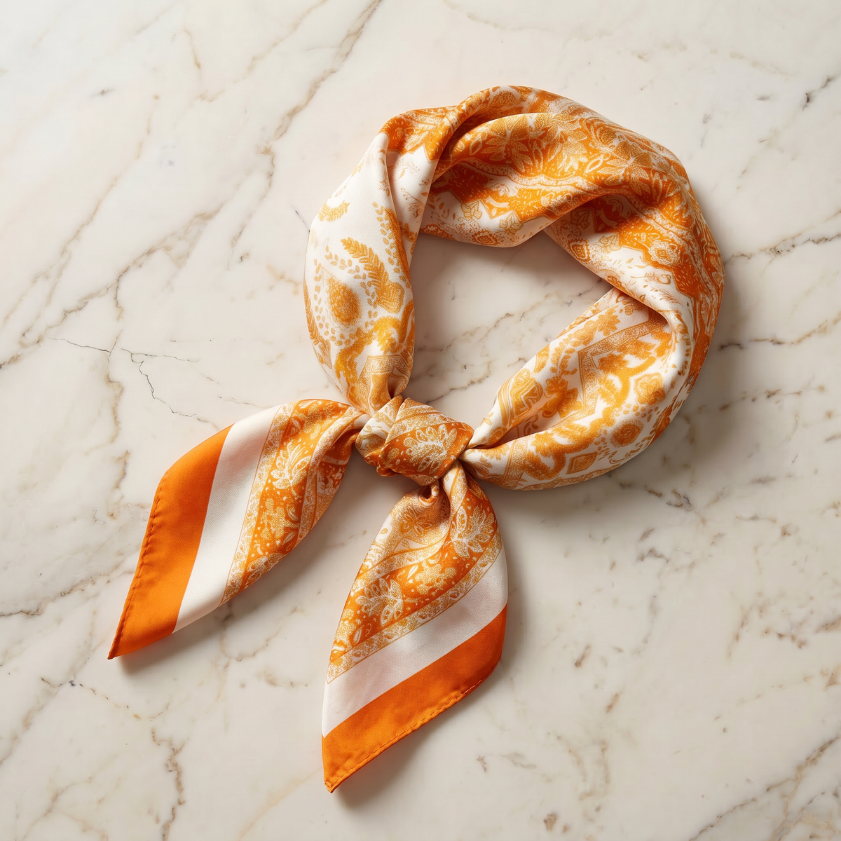 Seidentuch Halstuch Halstücher Damen 70×70 cm Kopftuch Haartuch Nickituch Seidenschal Schals – Orange Gold Klassisch mit Goldakzenten und Ornamenten | Schal-Welt
