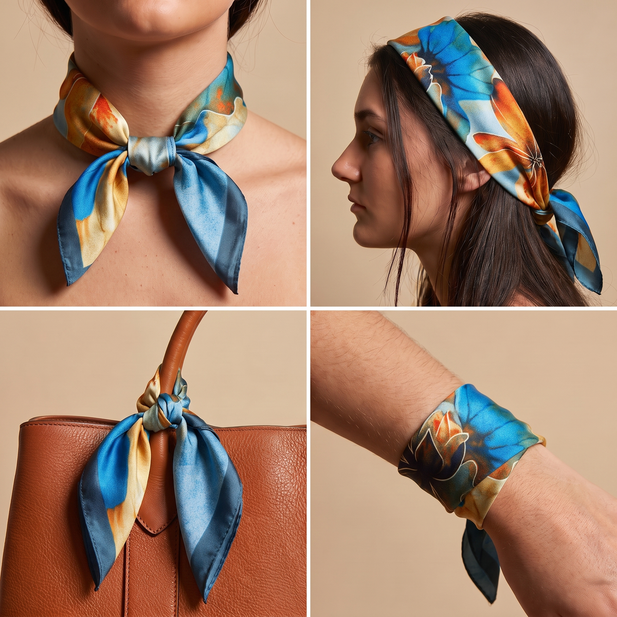 Seidentuch Halstuch Halstücher Damen 70×70 cm Kopftuch Haartuch Nickituch Seidenschal Schals – Lila Creme Blumen mit Goldakzenten und Farbverlauf | Schal-Welt